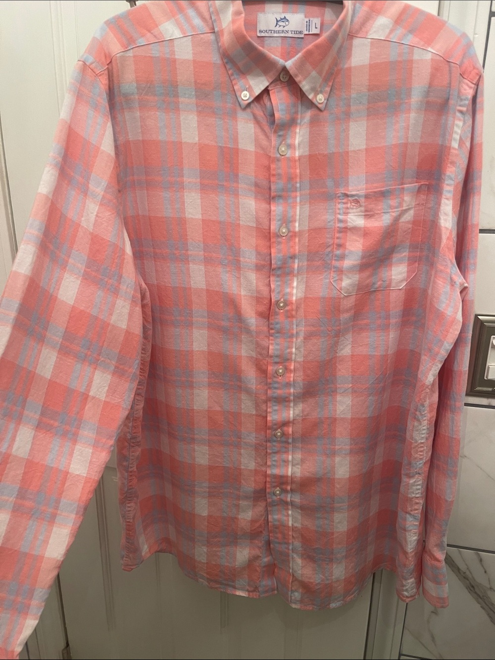 Southern Tide Coral and Light Blue Plaid Button-Down Shirt